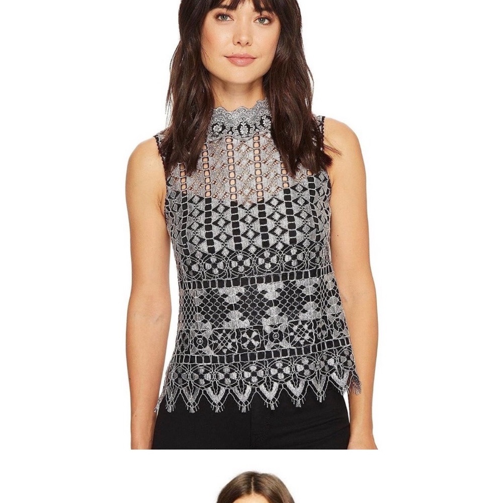 Nanette Lepore Womens Top High Mock Neck Black and gray Lace sleeveless Blouse 6